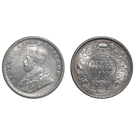 George V, Silver, Half Rupee, 1933, Calcutta Mint, No dot, Elephant, Ghost on Rev. F. Prid