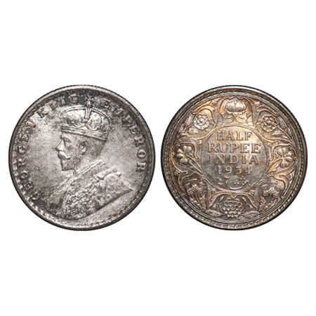 George V, Silver, Half Rupee, 1934, Calcutta Mint, No dot, Elephant. F. Prid 334. GK 1074.