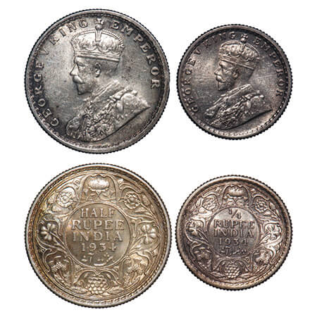 George V, Silver, Half Rupee, 1/4 Rupee, (2 coins), 1934, Calcutta Mint, No dot. F. Prid 3
