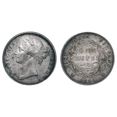 Victoria Queen, Silver, Rupee, 1840, DL, Calcutta Mint, WIWI, Wreath with 28 Berries (13L 