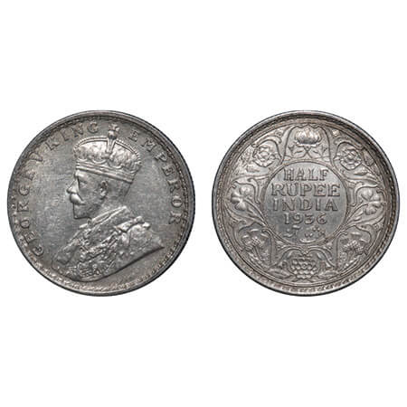 George V, Silver, Half Rupee, 1936, Calcutta Mint, No dot, Elephant. F. Prid 335. GK 1075.