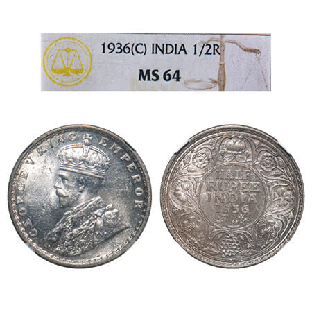 George V, Silver, Half Rupee, 1936, Calcutta Mint, No dot, Elephant. F. Prid 335. GK 1075.