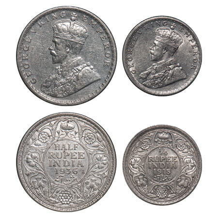 George V, Silver, (2 coins), 1) Half Rupee, 1936, Calcutta mint, No dot, Elephant, 2) 1/4 