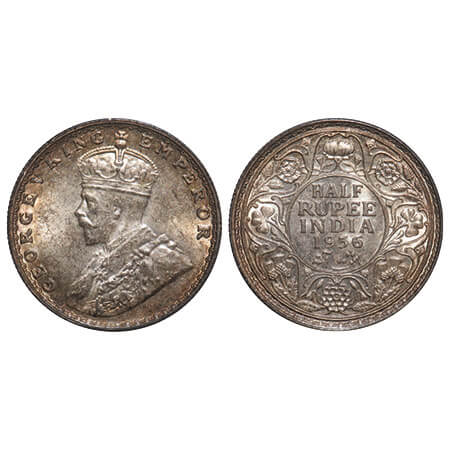 George V, Silver, Half Rupee, 1936, Bombay Mint, Dot, Elephant. F. Prid 350. GK 1076. Mint