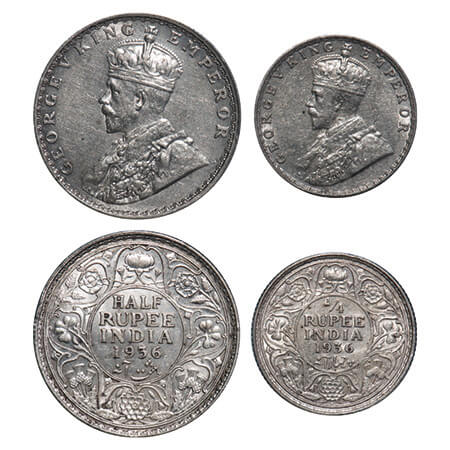George V, Silver, Half Rupee, 1/4 Rupee, (2 coins), 1936, Bombay Mint, Dot, Elephant. F. P