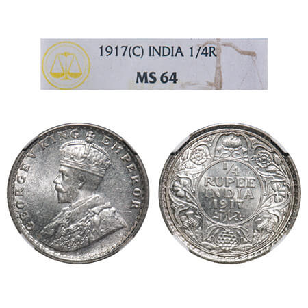 George V, Silver, 1/4 Rupee, 1917, Calcutta Mint, No dot, Elephant. F. Prid 446. GK 1090. 