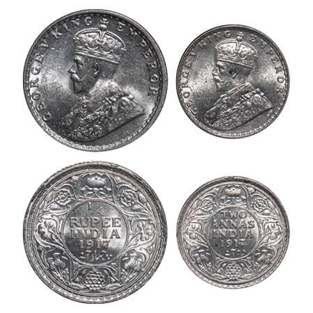 George V, Silver, 1/4 Rupee & 2 Annas, (2 coins), 1917, Calcutta Mint, No dot, Elephant, G