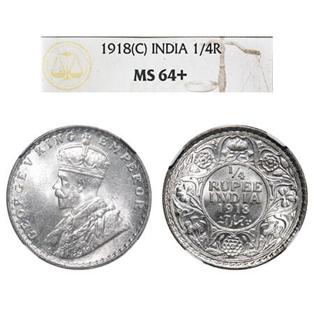 George V, Silver, 1/4 Rupee, 1918, Calcutta Mint, No dot, Elephant. F. Prid 447. GK 1091. 
