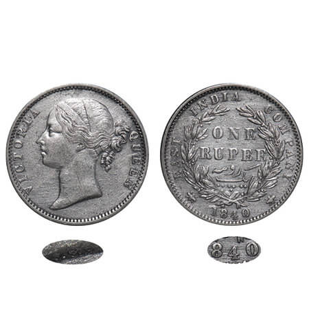 Victoria Queen, Silver, Rupee, 1840, DL, Madras Mint, W.W. 'B' raised, Wreath with 28 Berr