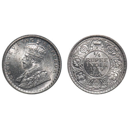 George V, Silver, 1/4 Rupee, 1919, Calcutta Mint, No dot, Elephant. F. Prid 448. GK 1092. 
