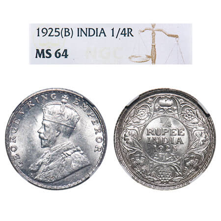 George V, Silver, 1/4 Rupee, 1925, Bombay Mint, Dot, Elephant. F. Prid 458. GK 1093. NGC S