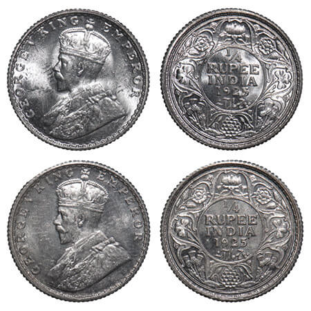 George V, Silver, 1/4 Rupee, 1925, (2 coins), Bombay Mint, Dot, Elephant. F. Prid 458. GK 