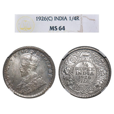 George V, Silver, 1/4 Rupee, 1926, Calcutta Mint, No dot, Elephant. F. Prid 449. GK 1094. 