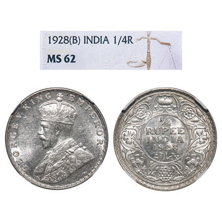 George V, Silver, 1/4 Rupee, 1928, Bombay Mint, Dot, Elephant. F. Prid 459. GK 1095. NGC S