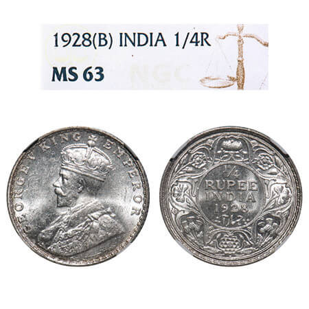 George V, Silver, 1/4 Rupee, 1928, Bombay Mint, Dot, Elephant. F. Prid 459. GK 1095. NGC S