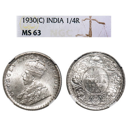 George V, Silver, 1/4 Rupee, 1930, Calcutta Mint, No dot, Elephant. F. Prid 451. GK 1097. 