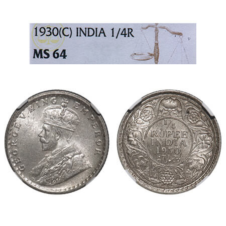 George V, Silver, 1/4 Rupee, 1930, Calcutta Mint, No dot, Elephant. F. Prid 451. GK 1097. 