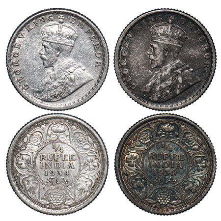 George V, Silver, 1/4 Rupee, (2 coins), 1930, 1934, Calcutta Mint, No dot, Elephant. F. Pr