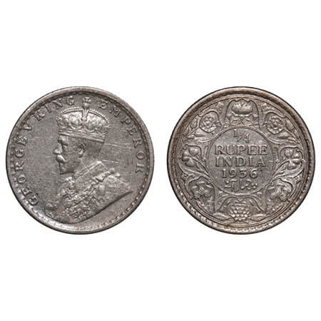 George V, Silver, 1/4 Rupee, 1936, Calcutta Mint, No dot, Elephant. F. Prid 453. GK 1099. 