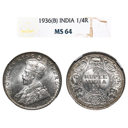 George V, Silver, 1/4 Rupee, 1936, Bombay Mint, Dot, Elephant. F. Prid 460. GK 1100. NGC S