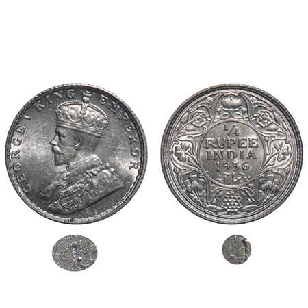 George V, Silver, 1/4 Rupee, 1936, Bombay Mint, Dot, Elephant, Tiny Diamond shape marks on