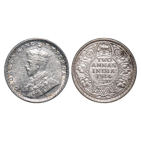 George V, Silver, 2 Annas, 1914, Bombay Mint, Dot, Elephant. F. Prid 573. GK 1113. Extreme