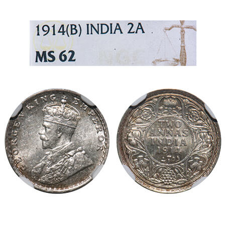 George V, Silver, 2 Annas, 1914, Bombay Mint, Dot, Elephant. F. Prid 573. GK 1113. NGC Sla