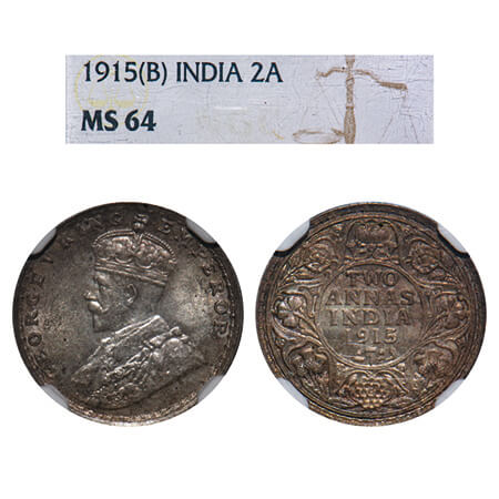 George V, Silver, 2 Annas, 1915, Bombay Mint, Dot, Elephant. F. Prid 574. GK 1115. NGC Sla