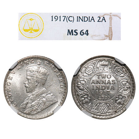 George V, Silver, 2 Annas, 1917, Calcutta Mint, No dot, Elephant. F. Prid 570. GK 1117. NG