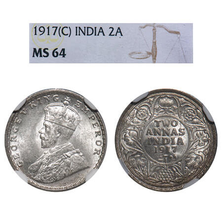 George V, Silver, 2 Annas, 1917, Calcutta Mint, No dot, Elephant. F. Prid 570. GK 1117. NG