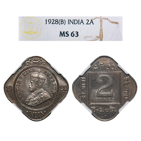 George V, Copper-Nickel, 2 Annas, 1928, Bombay Mint, Dot. F. Prid 901. GK 1133. NGC Slabbe