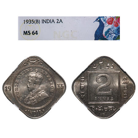 George V, Copper-Nickel, 2 Annas, 1935, Bombay Mint, Dot. F. Prid 902. GK 1139. NGC Slabbe