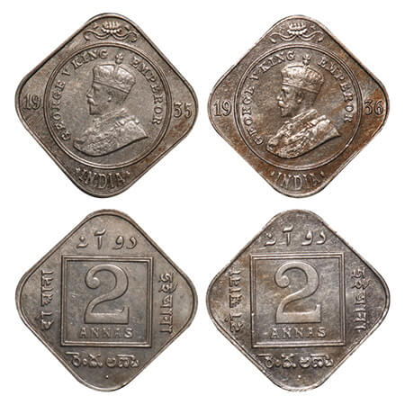 George V, Copper-Nickel, 2 Annas, (2 coins), 1935, 1936, Bombay Mint, Dot. F. Prid 902, 90