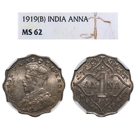 George V, Copper-Nickel, 1 Anna, 1919, Bombay Mint, No dot. F. Prid 949. GK 1149. NGC Slab