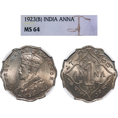 George V, Copper-Nickel, 1 Anna, 1923, Bombay Mint, Dot. F. Prid 951. GK 1151. NGC Slabbed