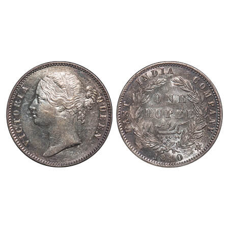 Victoria Queen, Silver, Rupee, 1840, DL, Calcutta Mint, W.W. raised, Wreath with 28 Berrie