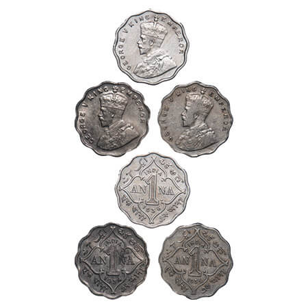George V, Copper-Nickel, 1 Anna, (3 coins), 1) 1934, Calcutta Mint, No dot, 2) 1935, Bomba
