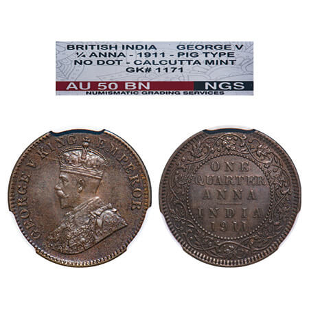 George V, Bronze, Quarter Anna, 1911, Calcutta Mint, No dot, Pig type. F. Prid 656. GK 117