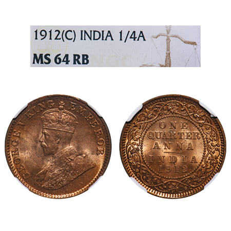 George V, Bronze, Quarter Anna, 1912, Calcutta Mint, No dot, Elephant. F. Prid 658. GK 117