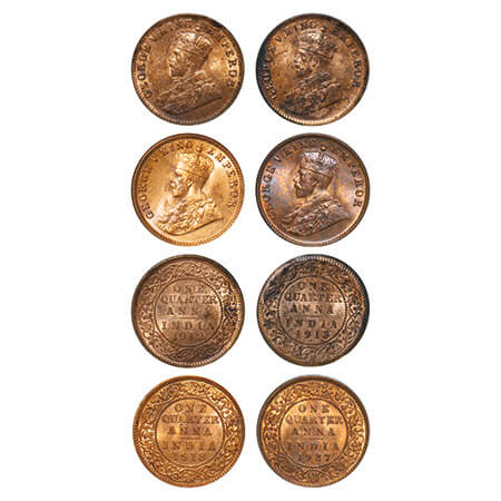 George V, Bronze, Quarter Anna, (4 coins), 1912, 1913, 1918, 1927, Calcutta Mint, No dot, 