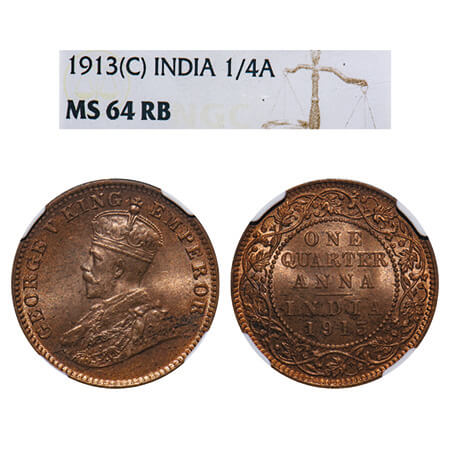 George V, Bronze, Quarter Anna, 1913, Calcutta Mint, No dot, Elephant. F. Prid 659. GK 117