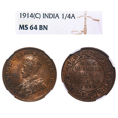 George V, Bronze, Quarter Anna, 1914, Calcutta Mint, No dot, Elephant. F. Prid 660. GK 117
