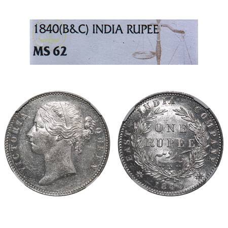 Victoria Queen, Silver, Rupee, 1840, DL, Calcutta Mint, W.W. raised, Wreath with 28 Berrie