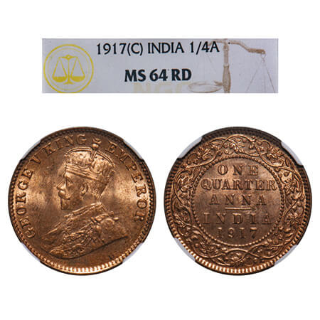George V, Bronze, Quarter Anna, 1917, Calcutta Mint, No dot, Elephant. F. Prid 662. GK 117