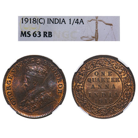 George V, Bronze, Quarter Anna, 1918, Calcutta Mint, No dot, Elephant. F. Prid 663. GK 117