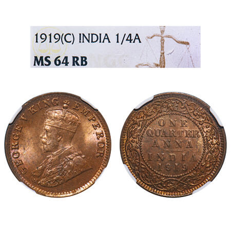 George V, Bronze, Quarter Anna, 1919, Calcutta Mint, No dot, Elephant. F. Prid 664. GK 117