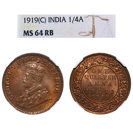 George V, Bronze, Quarter Anna, 1919, Calcutta Mint, No dot, Elephant. F. Prid 664. GK 117