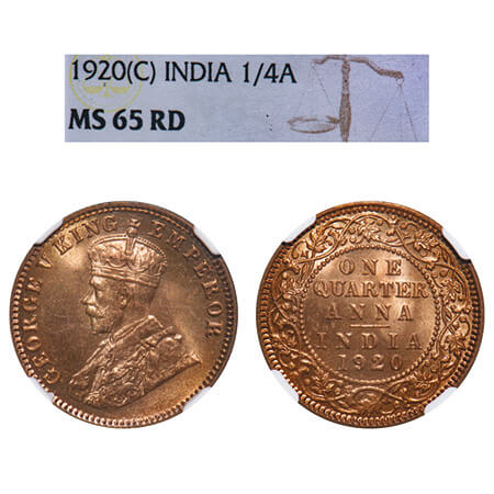 George V, Bronze, Quarter Anna, 1920, Calcutta Mint, No dot, Elephant. F. Prid 665. GK 117