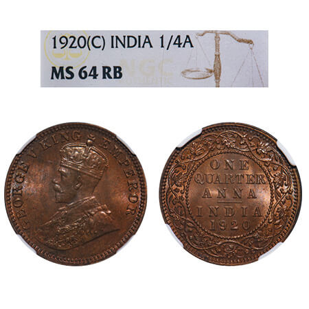 George V, Bronze, Quarter Anna, 1920, Calcutta Mint, No dot, Elephant. F. Prid 665. GK 117