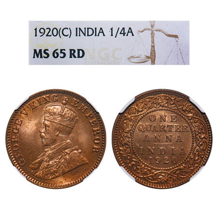 George V, Bronze, Quarter Anna, 1920, Calcutta Mint, No dot, Elephant. F. Prid 665. GK 117